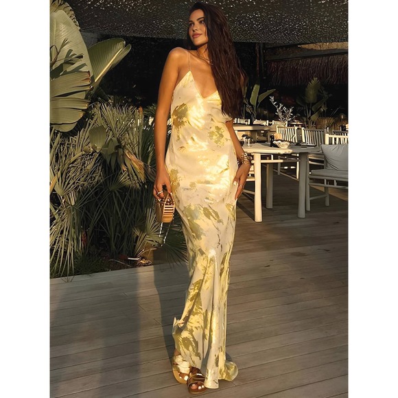 Commense Slinky Gold Print Maxi Dress, Sleeveless Evening Gown Open Back Party S - Picture 5 of 8